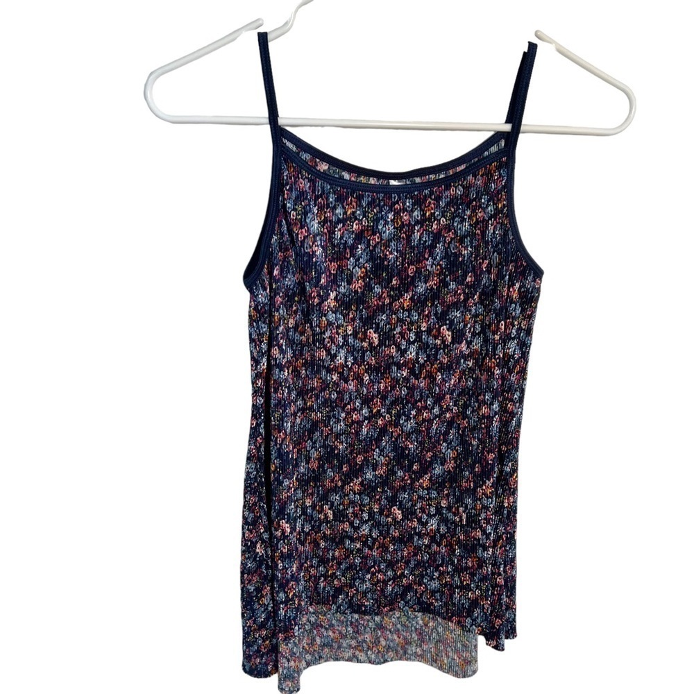 Knit Works Women's Juniors Size XL Ribbed Tank Top Navy Blue Floral Stretch Y2K